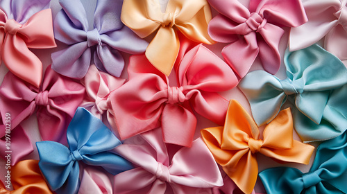 bright green ribbon tied in a bow on a white background professional photography, Close-up view of a variety of colorful gift wrapping papers, Cute and colorful paper bows in pink, blue, and orange 

