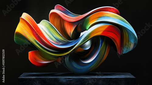  a dynamic sculpture of flowing, ribbon-like forms painted in vibrant shades of orange, blue, pink, and purple, Set against a dark background, the artwork exudes movement and energy, resembling a wave