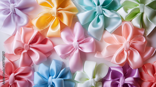 bright green ribbon tied in a bow on a white background professional photography, Close-up view of a variety of colorful gift wrapping papers, Cute and colorful paper bows in pink, blue, and orange 
