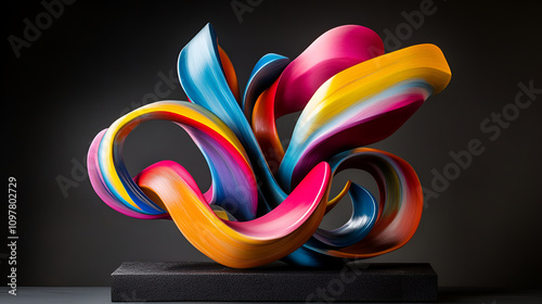  a dynamic sculpture of flowing, ribbon-like forms painted in vibrant shades of orange, blue, pink, and purple, Set against a dark background, the artwork exudes movement and energy, resembling a wave