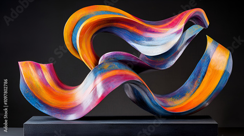  a dynamic sculpture of flowing, ribbon-like forms painted in vibrant shades of orange, blue, pink, and purple, Set against a dark background, the artwork exudes movement and energy, resembling a wave