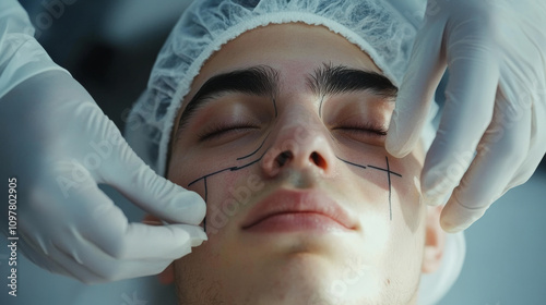 Before nose surgery, the doctor is marking the nose to plan how to reshape it.  Rhinoplasty is surgery to change the nose's look and make breathing easier.