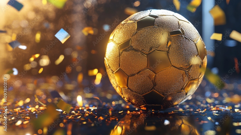 A golden soccer ball, symbolizing victory and excellence, is surrounded by colorful confetti in this dynamic image. Perfect for conveying themes of sports success, achievement, and celebration.. AI A golden soccer ball, symbolizing victory and excellence, is surrounded by colorful confetti in this dynamic image. Perfect for conveying themes of sports success, achievement, and celebration.. AI