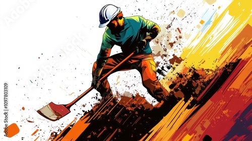 Dynamic Illustration of Construction Worker with Shovel in Abstract Background