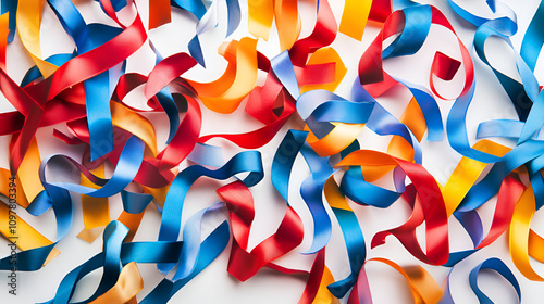 Colorful multicolored decorative gift ribbons as background, The mixed colored satin ribbons, background from colorful ribbon, Party streamers isolated on white background
