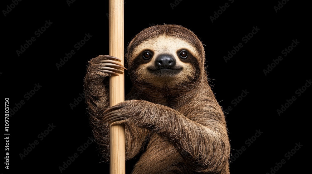 Fototapeta premium Playful Sloth Gripping a Stick Against a Black Background