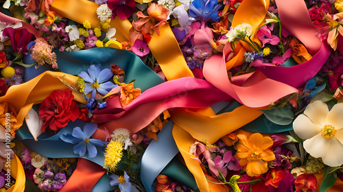 a vibrant arrangement of multicolored ribbons intertwined with flowers in shades of orange, purple, yellow, and blue, creating a rich, textured composition