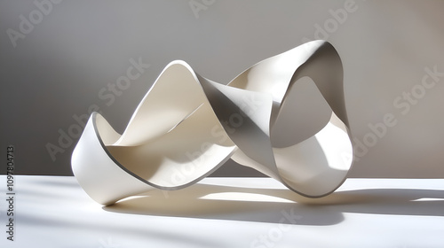 a modern sculptural ribbon-like form made of smooth, matte material in a creamy white tone, It twists and flows organically, casting soft shadows on a minimalist surface under natural light