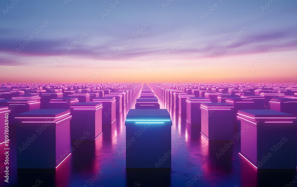 Fototapeta premium Futuristic landscape with illuminated blocks.