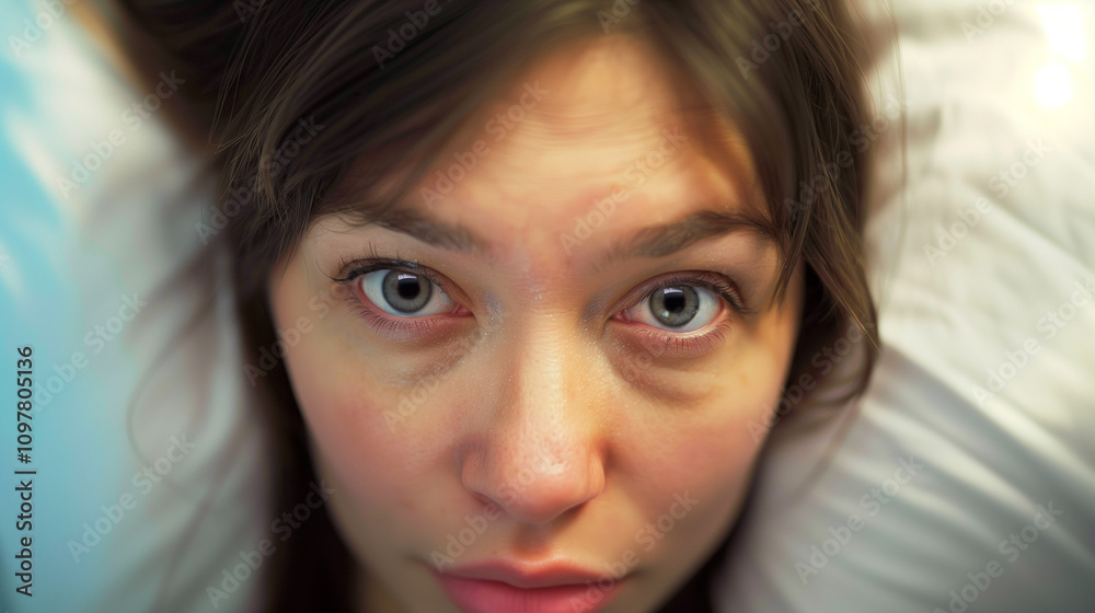 Close-up of a woman in bed with dilated pupils, under the influence of a date rape drug.
