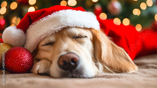 dog lying at home on christmas, sleeping cute dog with santa hat, christams decoration photo