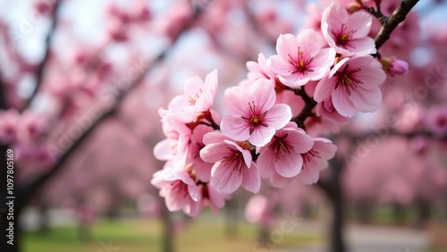 Close-up of pink cherry blossoms on tree branchBlurry background emphasizes blossom beautyPink petals contrast photo