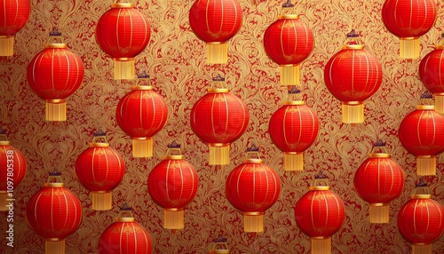 Vibrant red lanterns adorning a festive backdrop.