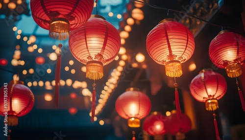 Vibrant red lanterns illuminate the night sky.