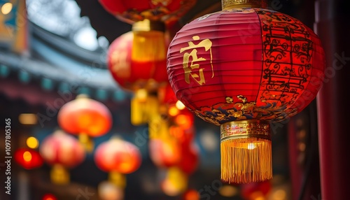 Vibrant red lanterns illuminating evening streets.