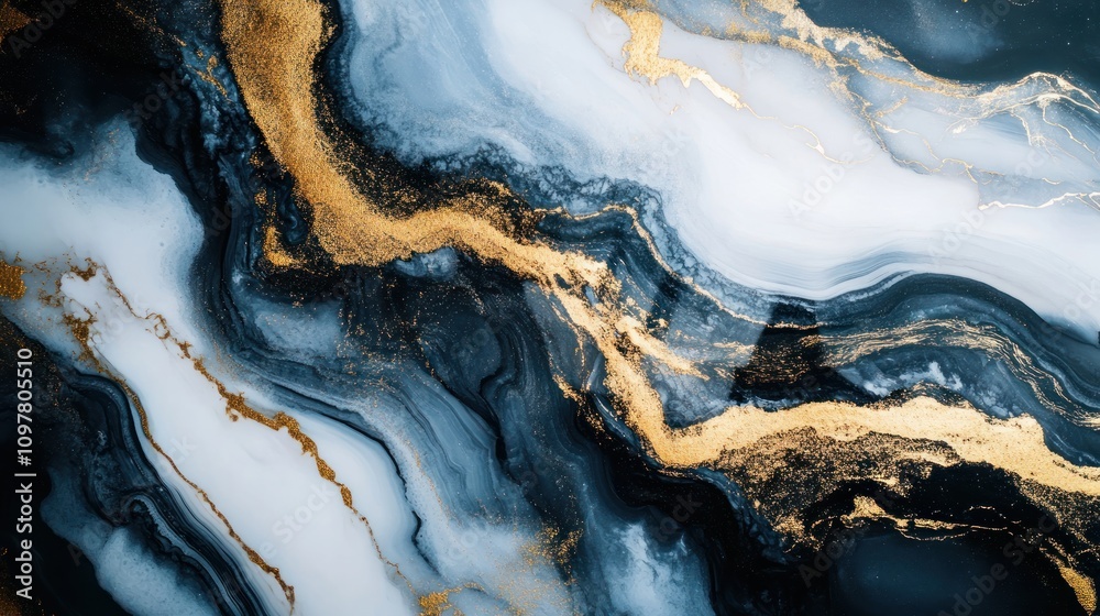 Abstract fluid art featuring dark blues, whites, and gold accents. Abstract fluid art featuring dark blues, whites, and gold accents.