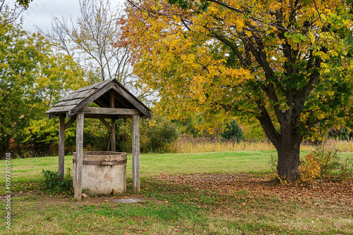 Old water well with a rustic wooden roof near a farmhouse photo