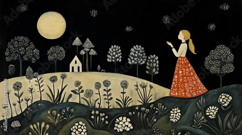 Whimsical girl in vintage dress surrounded by clouds and flowers on a dark background