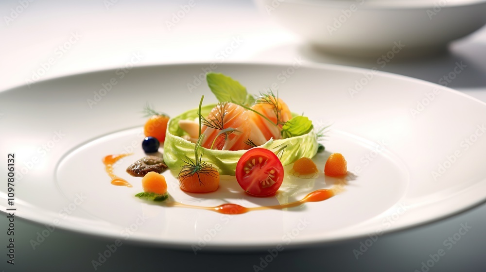 Elegant Salmon and Green Puree with Artistic Garnish Elegant Salmon and Green Puree with Artistic Garnish