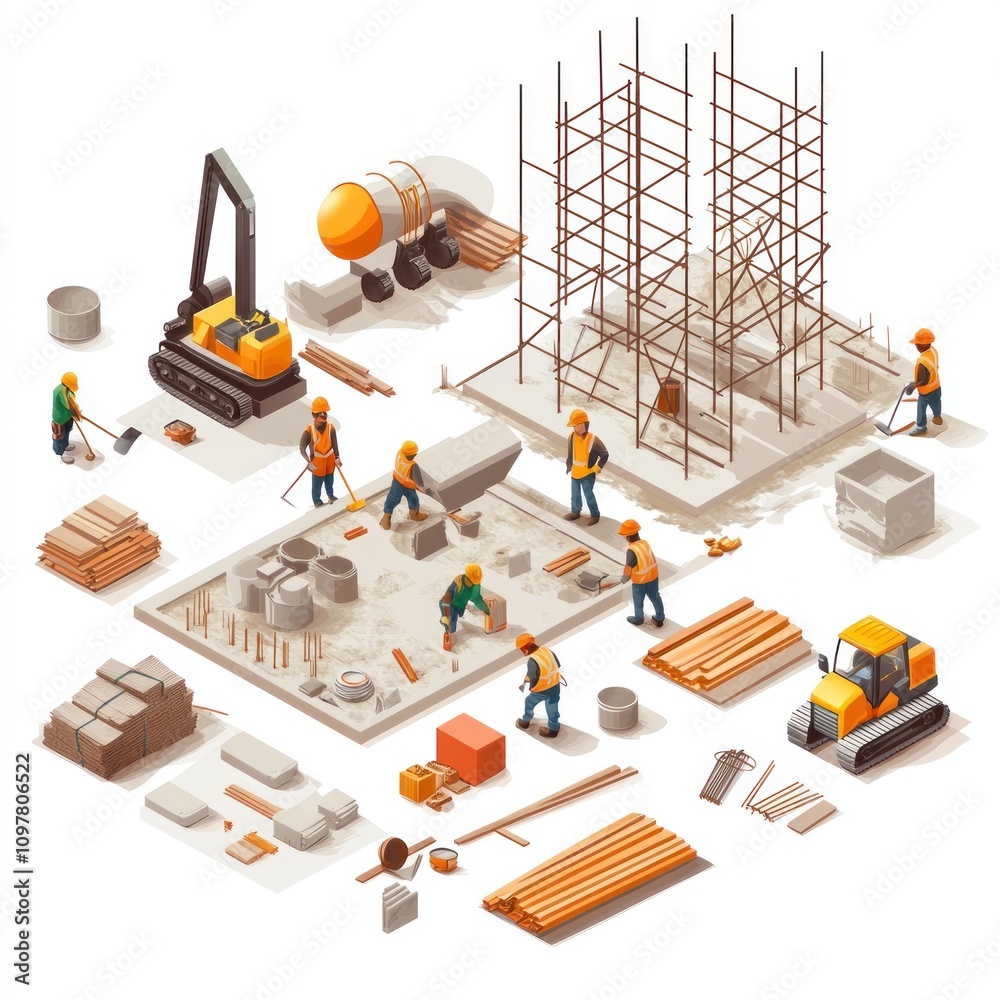 Construction Site Illustration Workers Building Isometric View