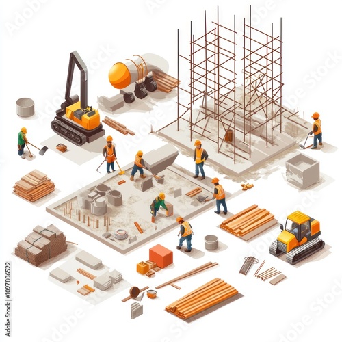 Construction Site Illustration Workers Building Isometric View