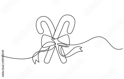 line art of candy cane for Christmas vector, one line single line, Christmas candy cane, A single line drawing of a a candy cane. Continuous line Christmas icon in color