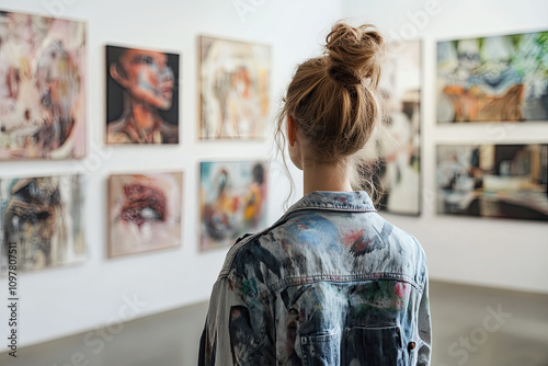 Woman organizing an art exhibit or gallery show photo