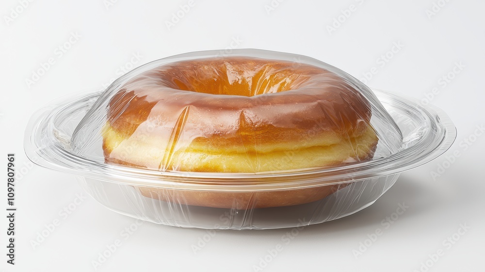 Freshly Wrapped Glazed Doughnut in Clear Plastic Container Freshly Wrapped Glazed Doughnut in Clear Plastic Container