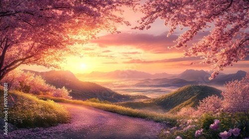 A serene landscape at sunset, featuring cherry blossoms and rolling hills.