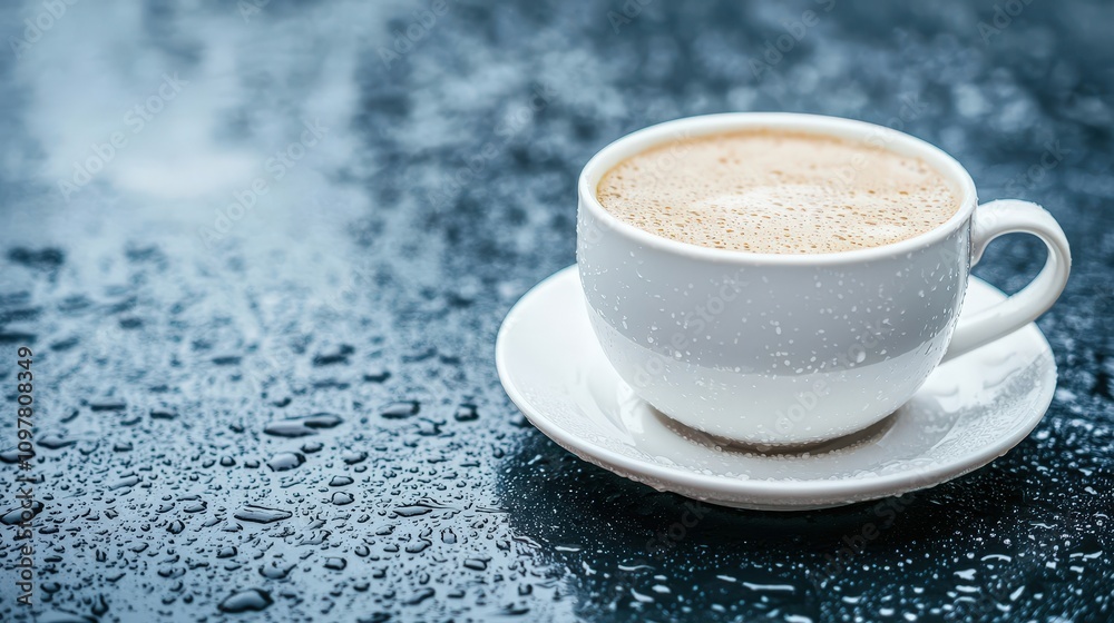 Cozy Rainy Day Coffee Hot Drink in White Cup on Saucer Cozy Rainy Day Coffee Hot Drink in White Cup on Saucer