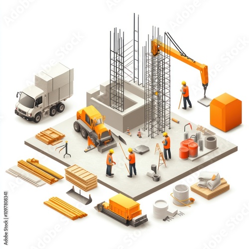 Isometric Illustration of Construction Site with Workers and Equipment