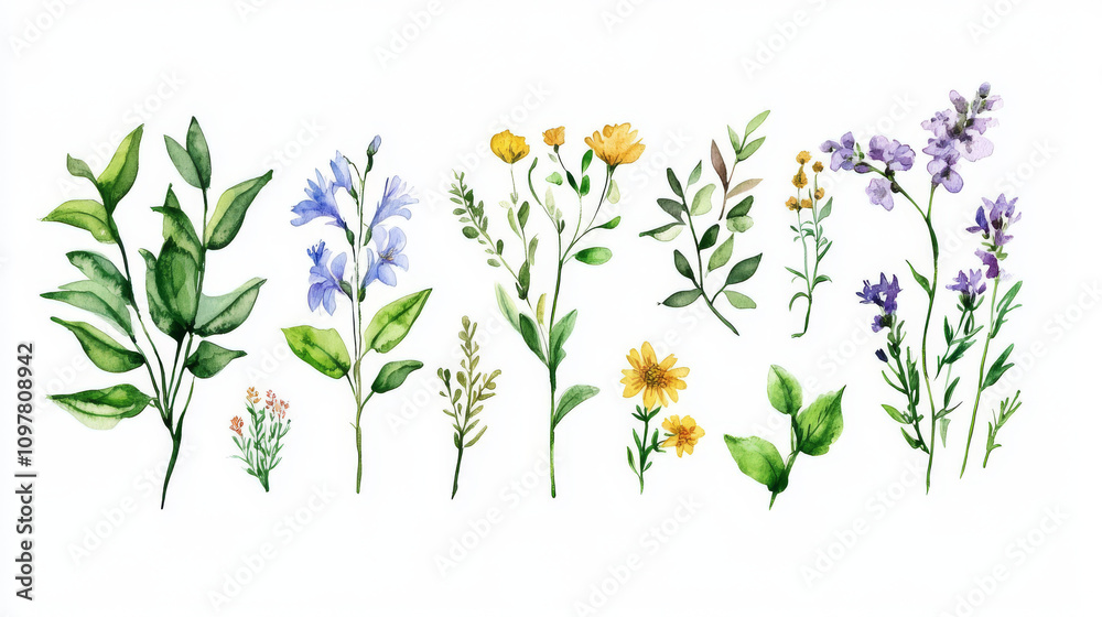 Fototapeta premium Beautiful watercolor drawings of wildflowers and leaves. Perfect for making invitations, menus, or greeting cards for baby showers, weddings, or birthdays.