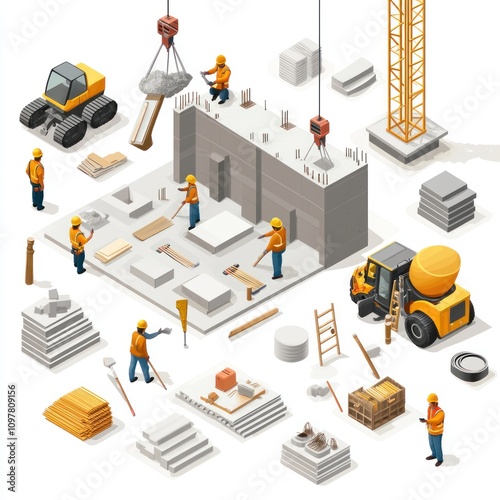 Isometric Illustration of Construction Site Workers Building a Structure