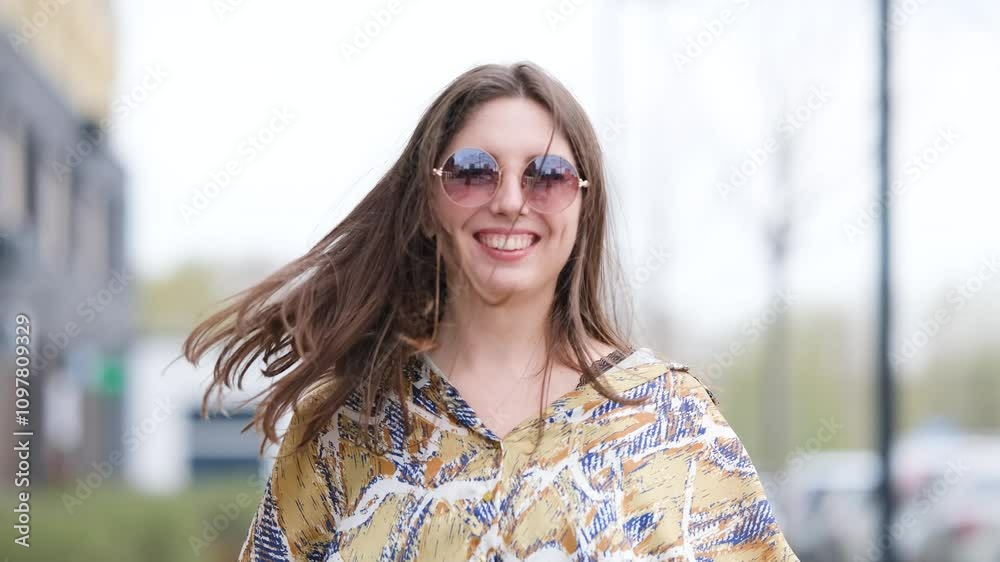 Happy woman in pink sunglasses outdoors smiling, walking along city street. Happy woman in pink sunglasses outdoors smiling, walking along city street.