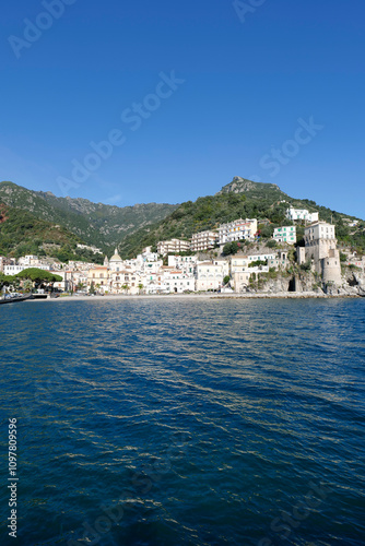 View of the beach and houses of Cetara, a small fishing town on the Amalfi Coast, Italy.