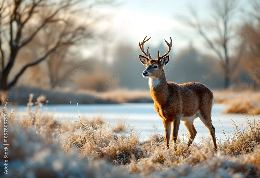 Young red deer buck standing in the frosted grass on an early cold winter morning, England. Animals in winter. Young red deer buck standing in the frosted grass on an early cold winter morning, England. Animals in winter.