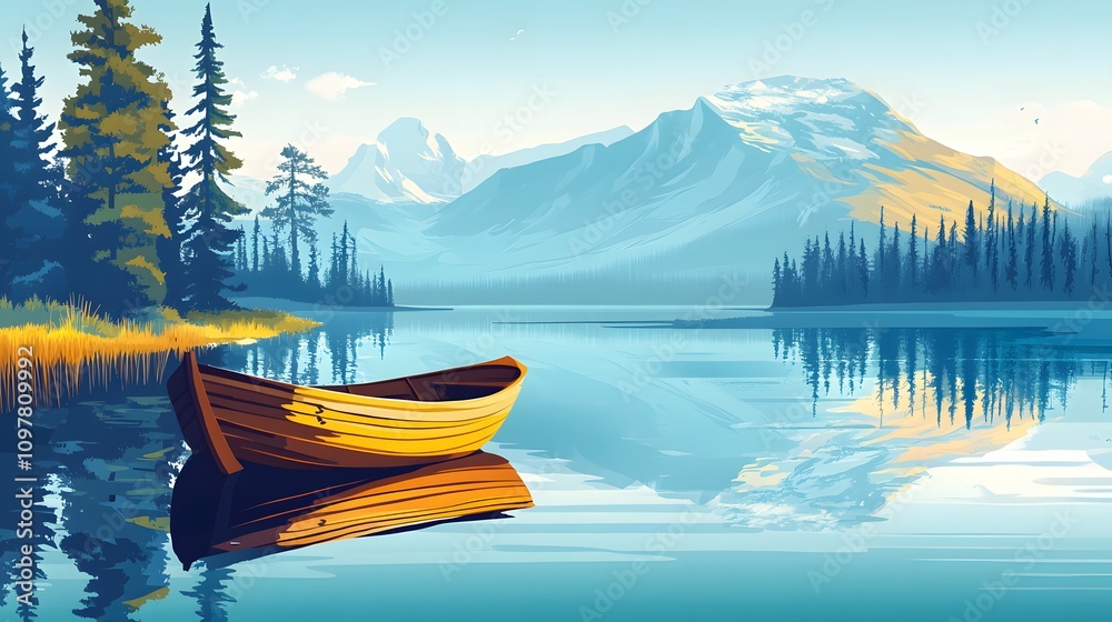 Obraz premium Serene mountain lake scene with a small wooden boat peacefully resting on the calm water, reflecting the majestic snow-capped mountains and lush forest.