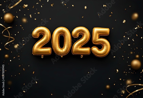 Realistic 2025 golden numbers and festive confetti on black background. Vector holiday illustration. Happy New 2025 Year. New year ornament. Decoration element with tinsel