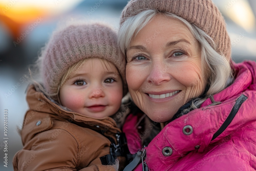 Smiling grandmother and toddler bundled up in cozy winter clothing, capturing a heartwarming moment of family connection in a snowy outdoor setting, perfect for family-oriented, holiday Smiling grandmother and toddler bundled up in cozy winter clothing, capturing a heartwarming moment of family connection in a snowy outdoor setting, perfect for family-oriented, holiday