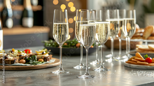 A festive table set with glasses of sparkling wine, accompanied by canap�s and antipasti, creating a delightful atmosphere at a reception. photo