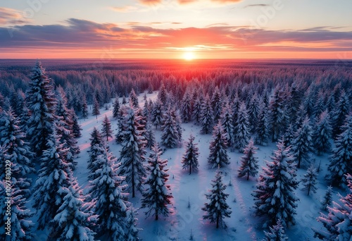 Aerial view of beautiful winter landscape in Lapland during sunset. photo