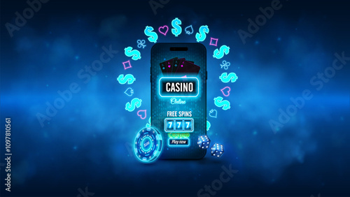 Casino online blue digital banner with smartphone, casino slot machine, button, cards, poker chips and dice in blue smoky dark background. Invitation poster. Vector illustration