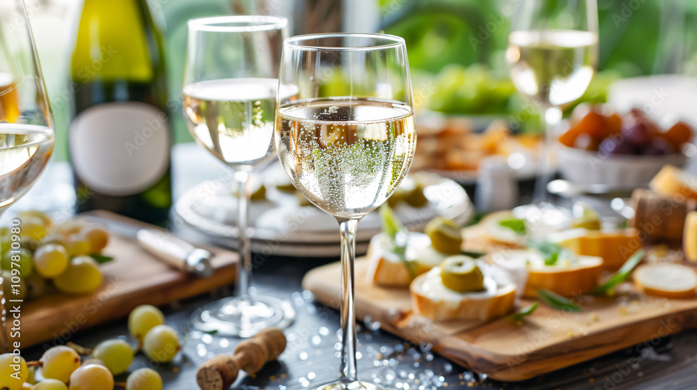 A festive table set with glasses of sparkling wine, accompanied by canap�s and antipasti, creating a delightful atmosphere at a reception. A festive table set with glasses of sparkling wine, accompanied by canap�s and antipasti, creating a delightful atmosphere at a reception.