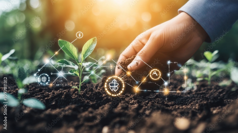 Fototapeta premium Hand Planting Seed in Soil with Growth Symbols