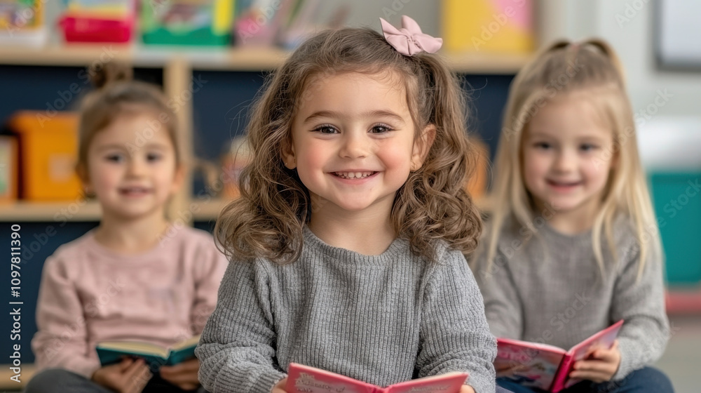 Young children reading books in colorful classroom, showcasing joy and curiosity. Their smiles reflect love for learning and friendship Young children reading books in colorful classroom, showcasing joy and curiosity. Their smiles reflect love for learning and friendship
