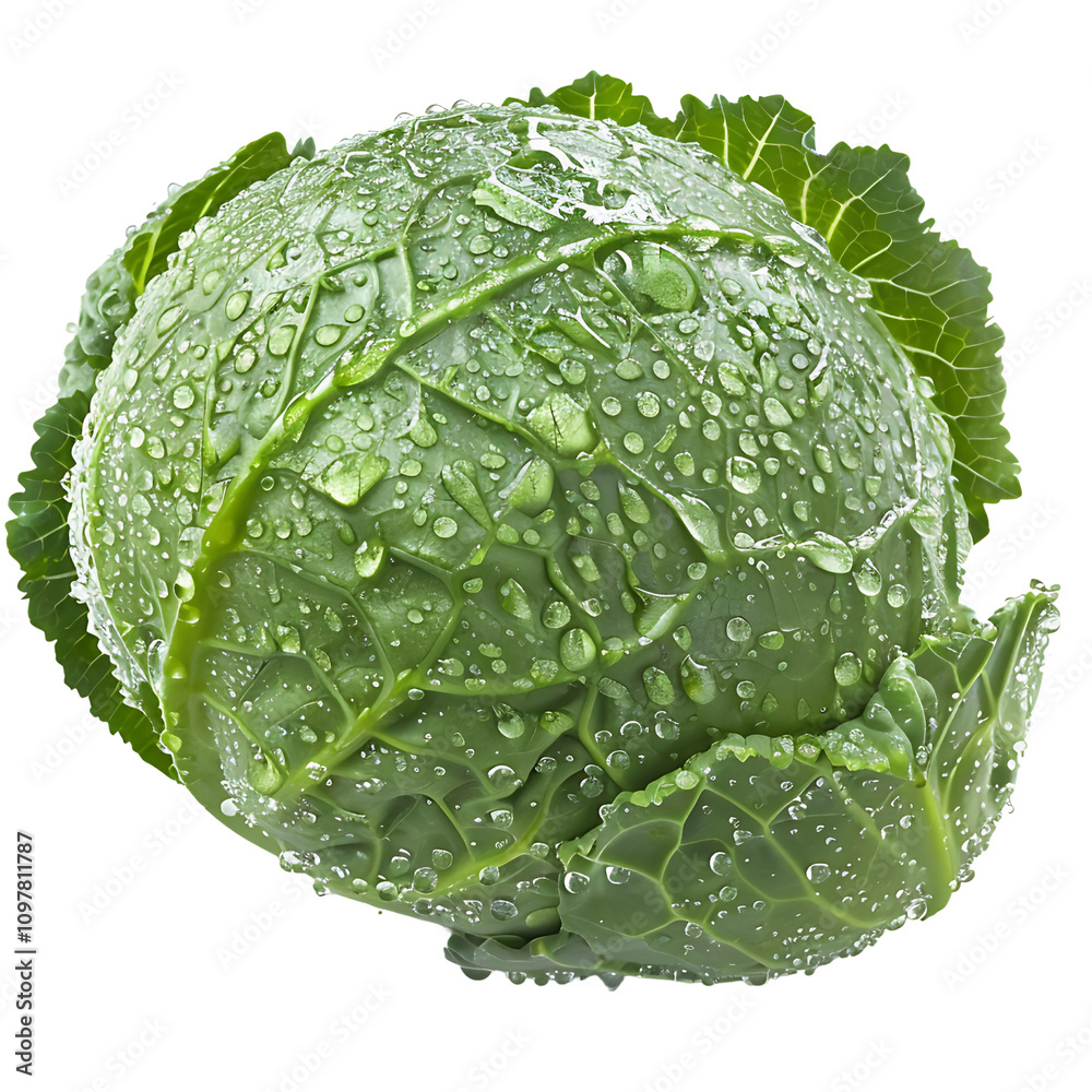 Fototapeta premium Fresh Green Cabbage with Water Droplets on Leafy Surface Isolated on a Transparent Background