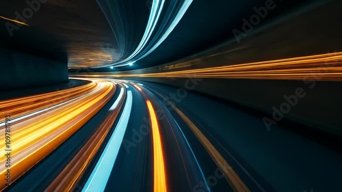 Colorful abstract background with glowing lines and motion blur, featuring a vibrant road and rainbow wave patterns, evoking speed and acceleration in a dynamic, starry night space scene