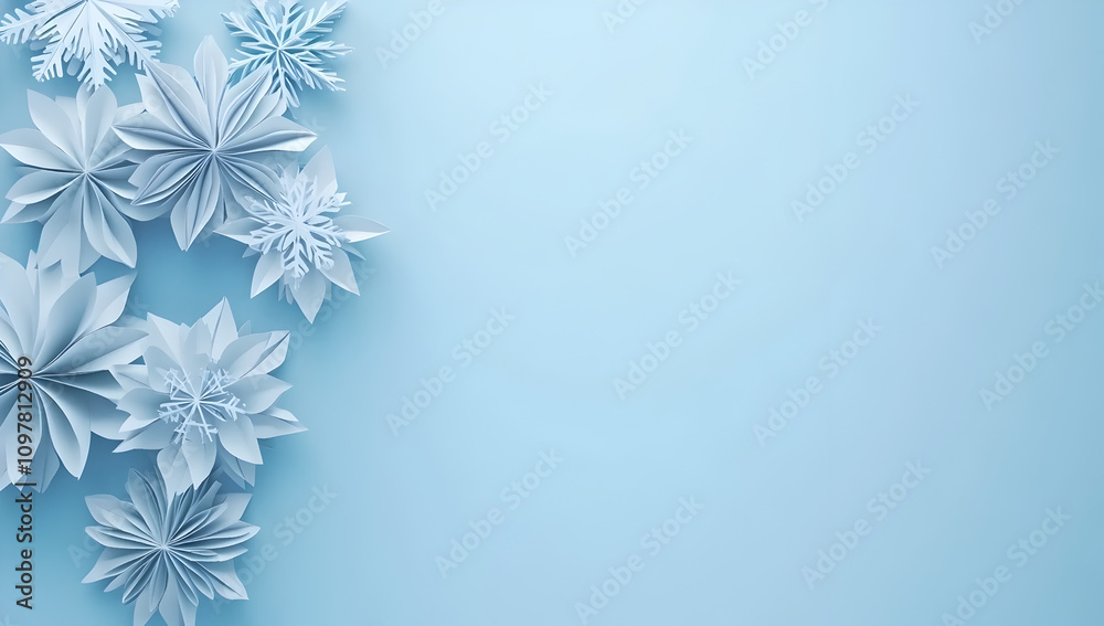 Collection of Paper-Crafted Snowflakes and Floral Shapes on Light Blue Background for Winter-Themed Art and Decoration Collection of Paper-Crafted Snowflakes and Floral Shapes on Light Blue Background for Winter-Themed Art and Decoration
