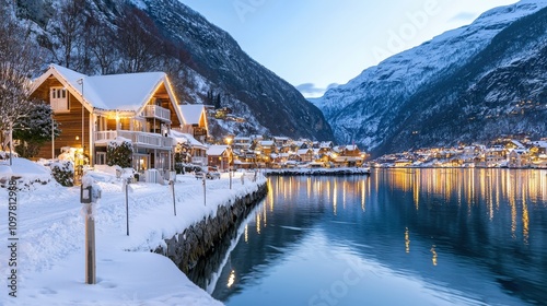 Magical Winter Fjord Village  Snow Covered Houses  Scenic Norway