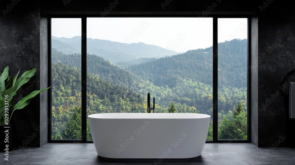 Fototapeta premium Modern Bathroom Design Freestanding Tub Mountain View Luxury Interior